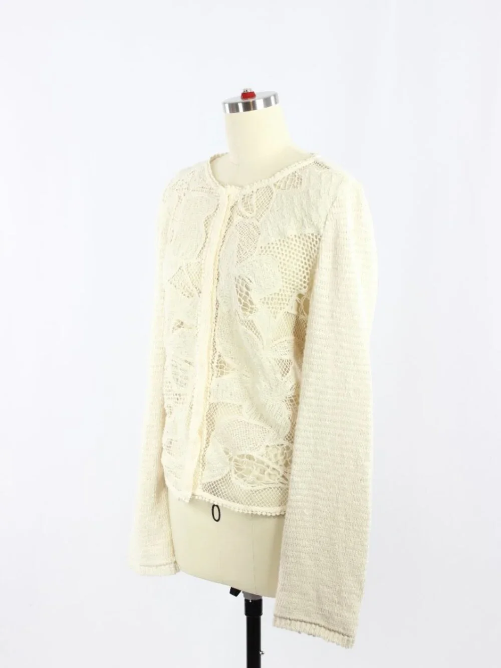 ZARA Ecru Ivory Contrast Cotton Blend Lace Knit Cardigan Sweater, Size XL - Picture 4 of 16
